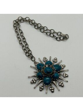 Vintage Brutalist Necklace Faux Turquoise Acrylic Boho1970s Starburst Silvertone